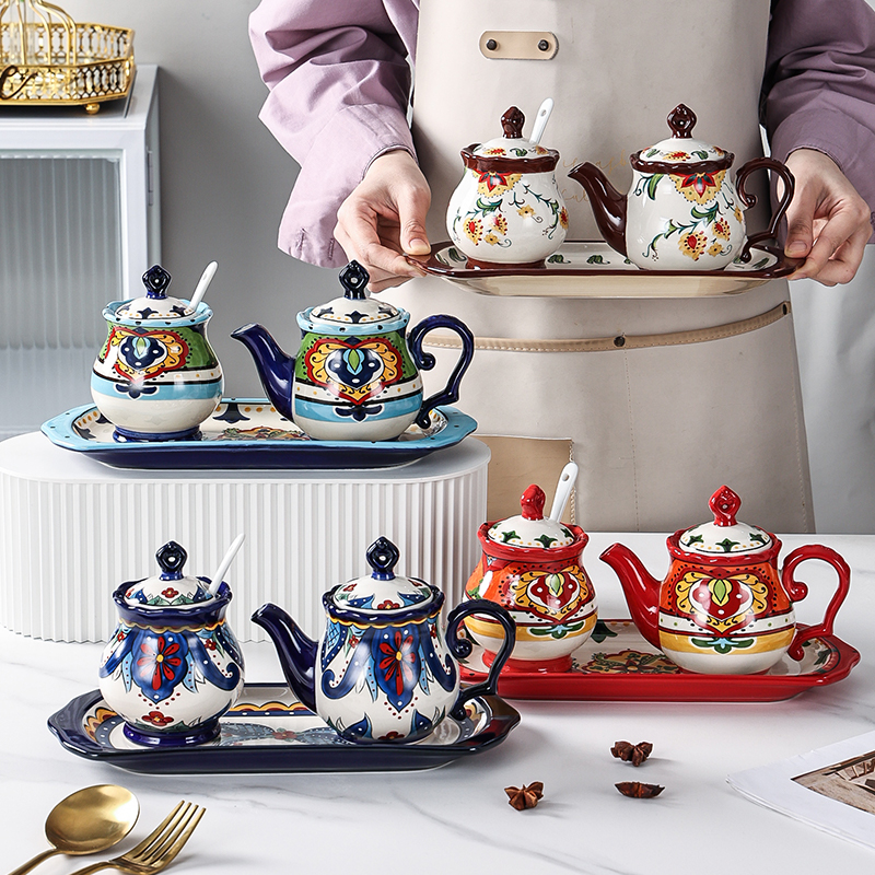 【曼朵朵】波西米亚盐罐油壶托盘三件套手绘家用陶瓷