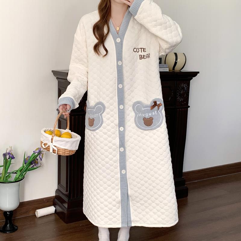 卡通小熊睡裙女士秋冬季空气棉夹层保暖睡衣开衫中长版可爱公主风