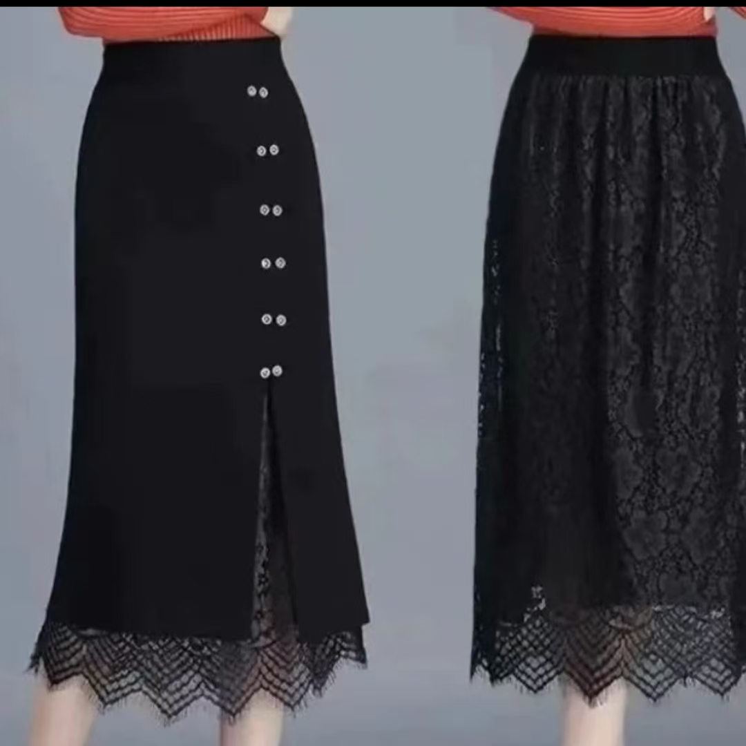 2024秋冬气质百搭高腰显瘦蕾丝开叉双面穿中长款半身裙