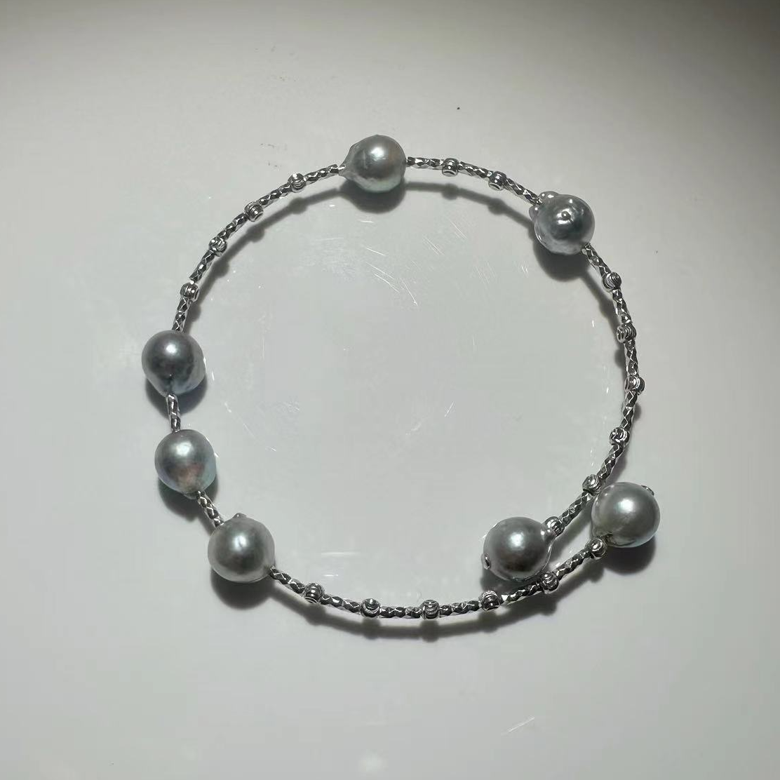 禧家天然海水akoya珍珠真多麻色8-9mm+S925银手镯时尚气质百搭