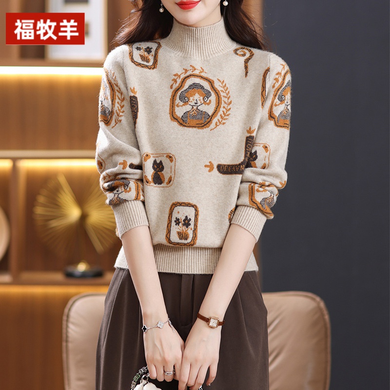 福牧羊秋冬女士中年妈妈加厚毛衣半高领打底衫显瘦上衣遮肉针织