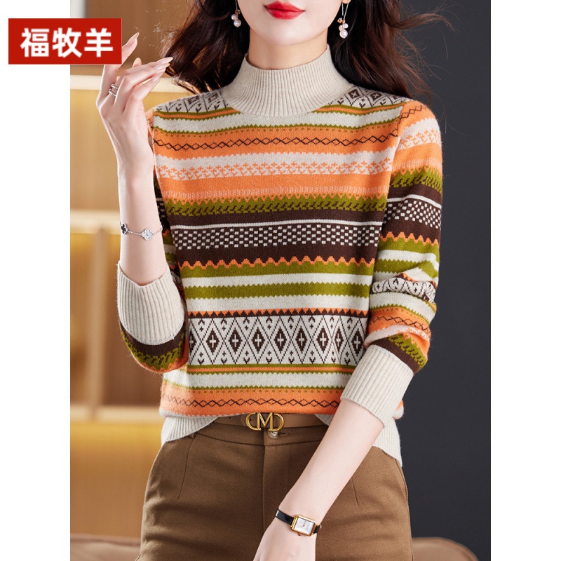 福牧羊厂货年女式毛衫内搭提花条纹秋冬厚半高领针织衫打底毛衣