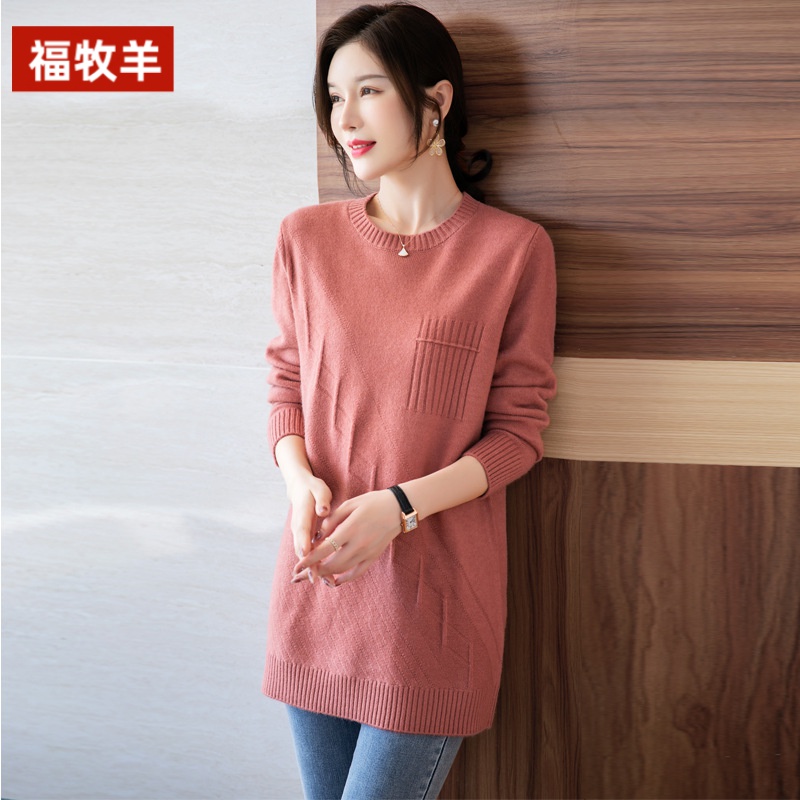 福牧羊毛衣女式秋冬中长款针织连衣裙中年妈妈装春秋圆领套头打底