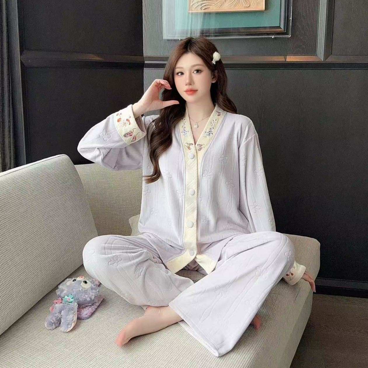 【福蝶与花】蝴蝶国风海岛绒宽松春秋季睡衣加绒女士甜美舒适家居服