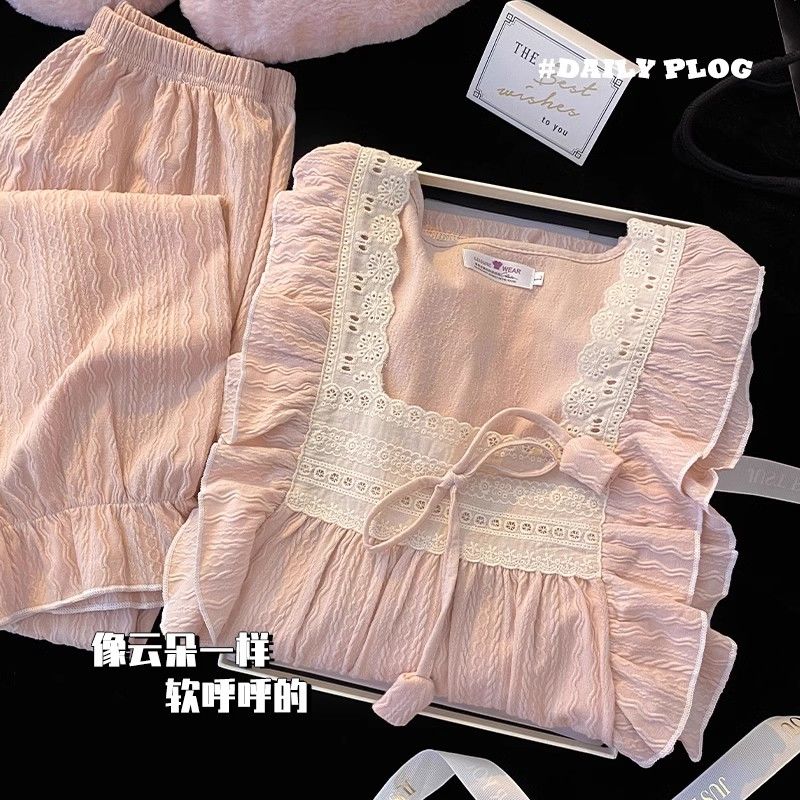 2023新款日系小香风睡衣女春秋季长袖薄款纯色仿棉学生ins家居服