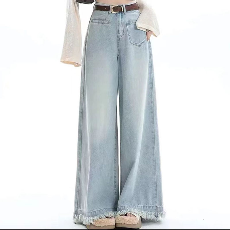 默认瑕疵-菲菲专属-401-600宽松褶皱复古显瘦拖地阔腿牛仔长裤女