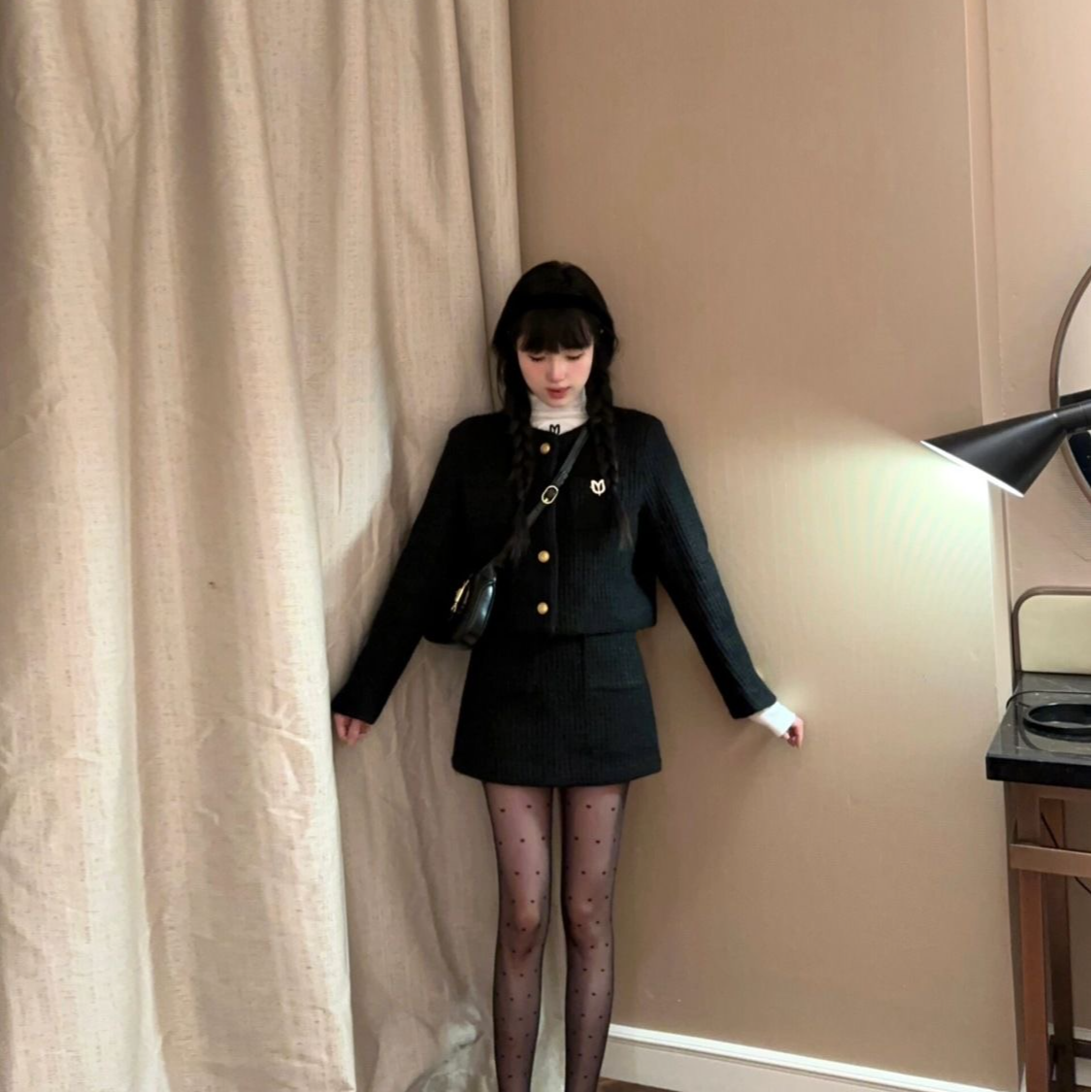 套装短裙气质法式西装长袖上衣裙子秋冬黑色时尚套装赫本风ins风