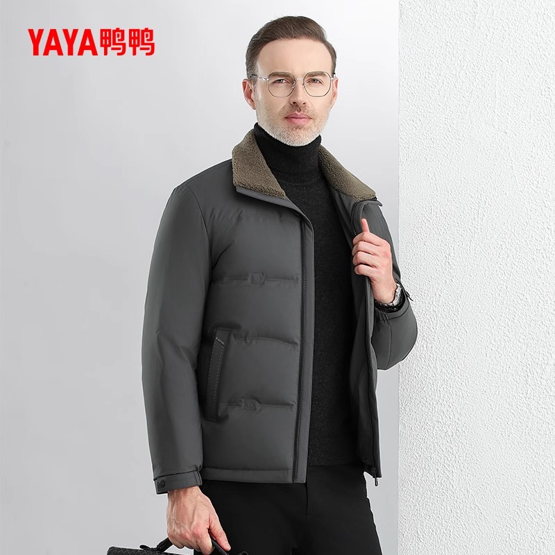 YAYA/鸭鸭羽绒服男东百搭翻领毛领中老年短款保暖外套YE4B716185W