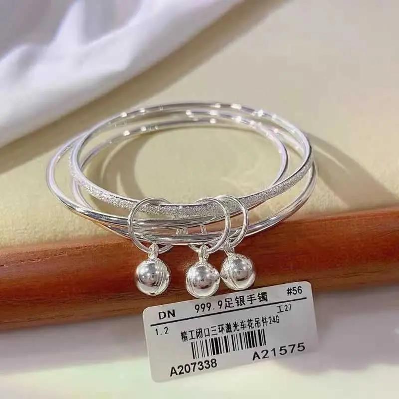 足银手镯 三生三世两世欢莲蓬铃铛纯银圈手镯足银9999实心纯银