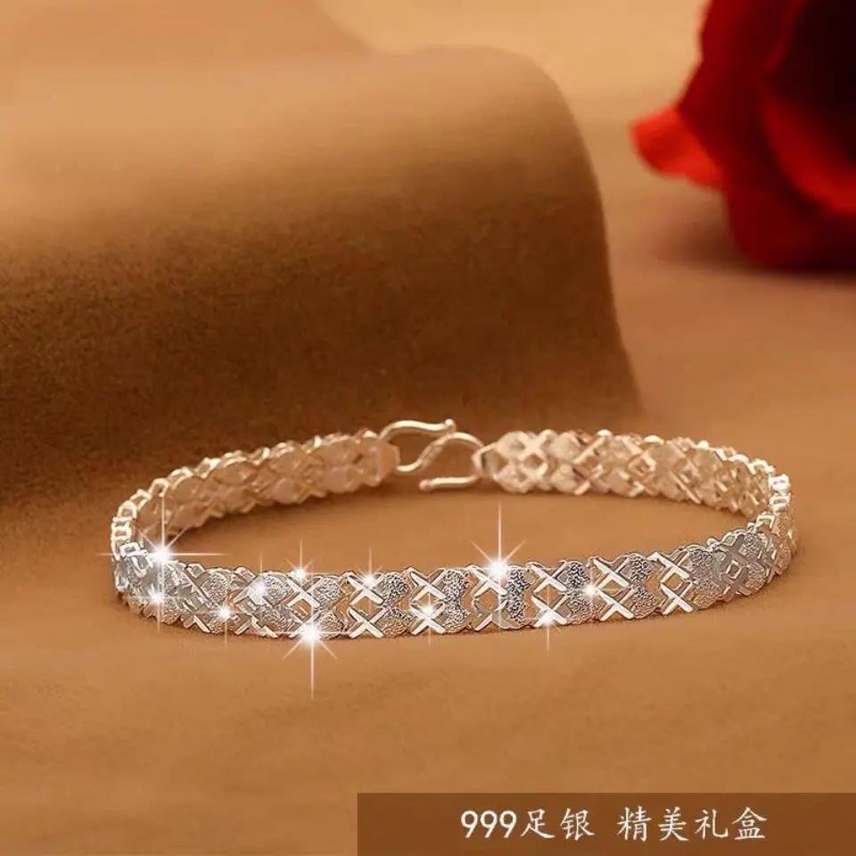 足银手链 纯银S999手链爱心情侣款时尚足银韩版男女款足银链礼物