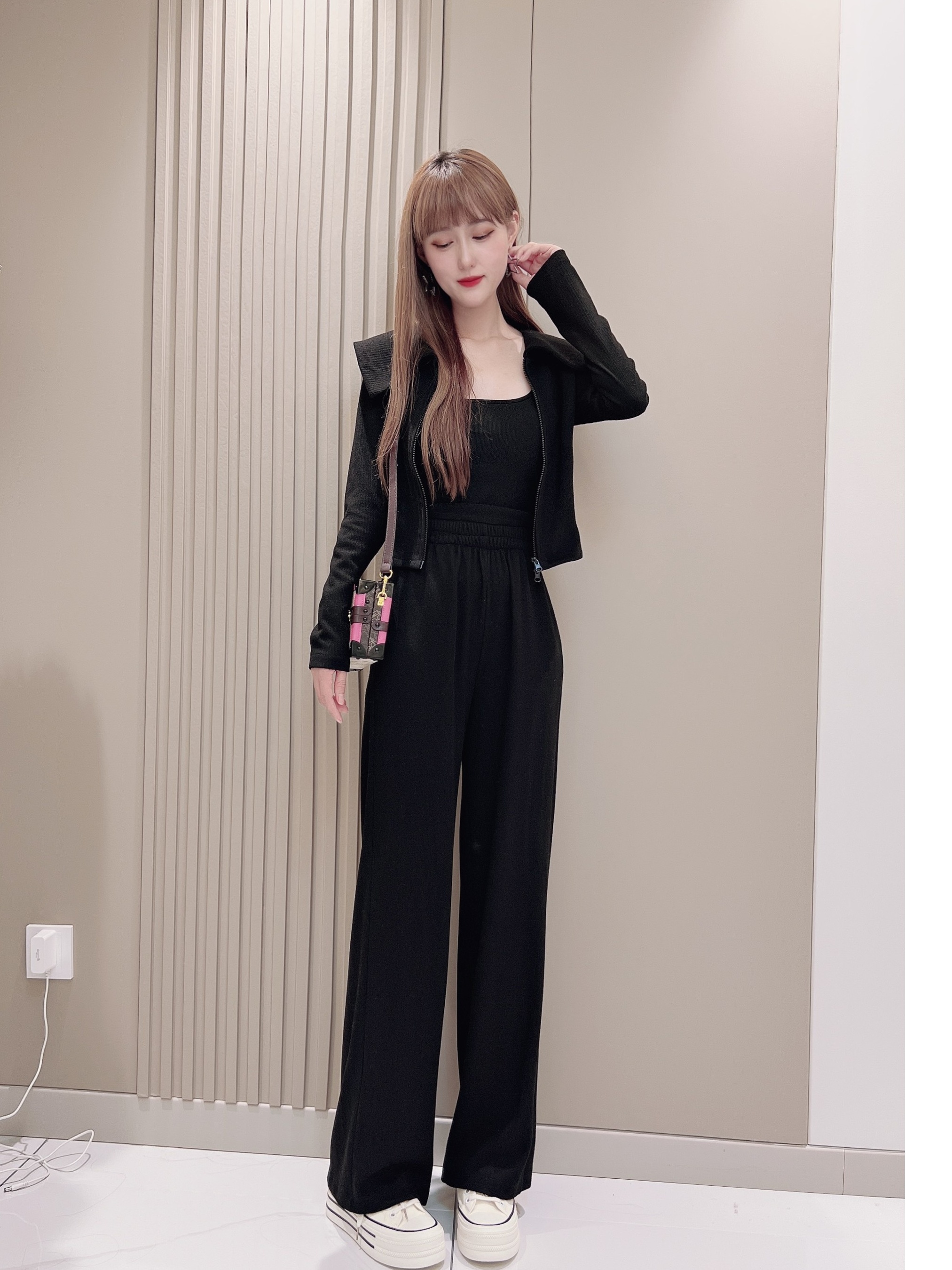 新款温柔有型小个子显瘦薄款显高气质时尚高腰网红直筒裤两件套