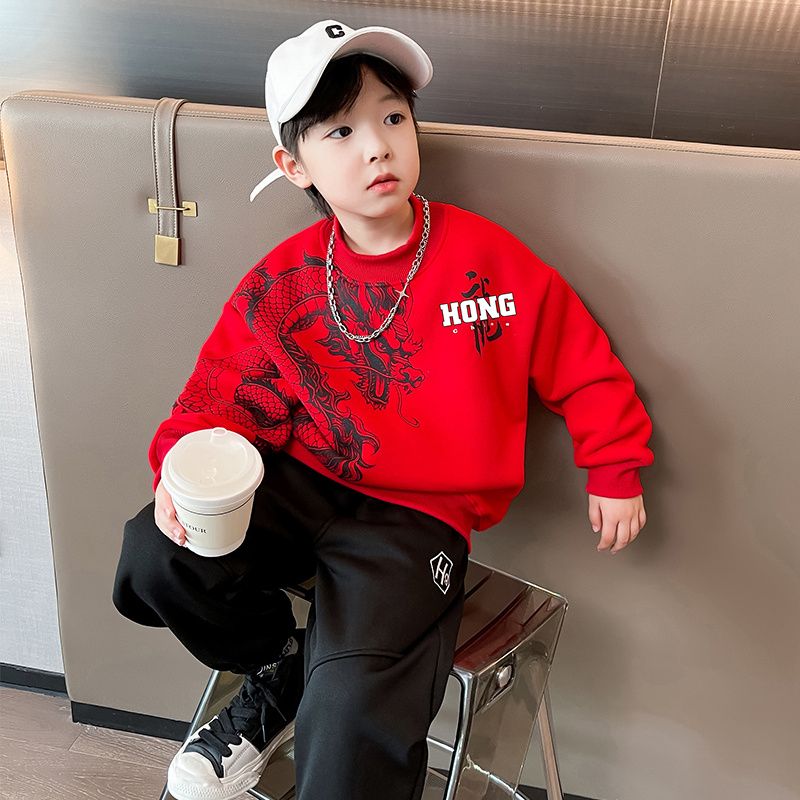 男童卫衣红色冬款2023新款加绒加厚中大童本命龙年服打底衫潮酷帅