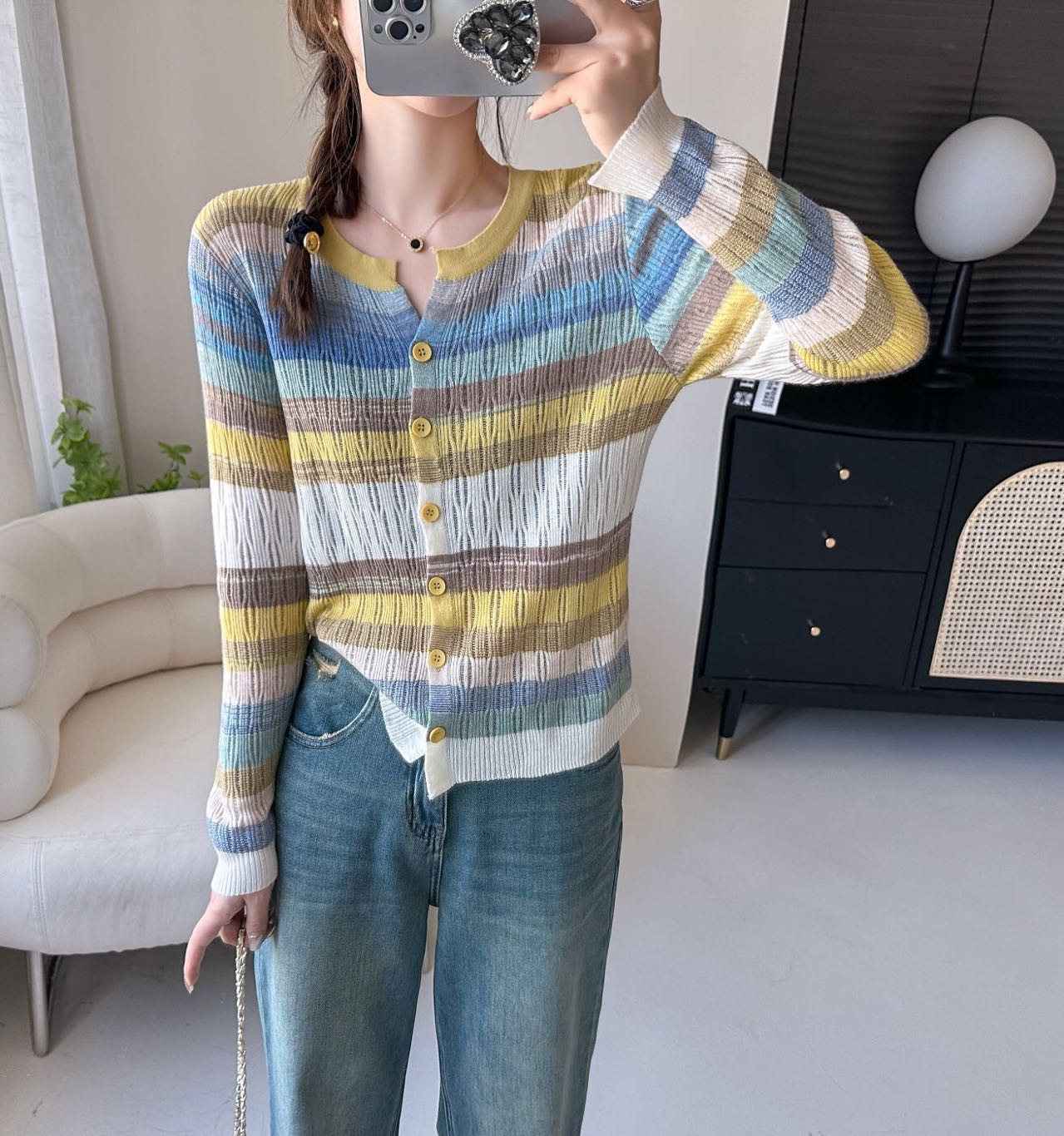 2023秋季新款彩色条纹开衫女长袖温柔风软糯薄款毛衣外套上衣