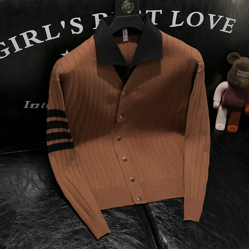 修身欧货2023秋季新款感假两件针织开衫外套时尚衬衫领休闲毛衣男