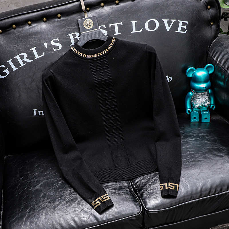 圆领欧洲站轻奢时尚提花男士套头毛衣男生针织衫个性休闲毛衫男