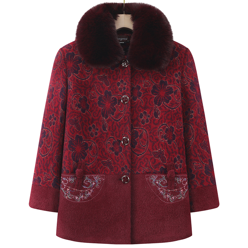 老年人冬季可拆卸毛领大衣妈妈加绒加厚毛呢外套中长款奶奶装上衣