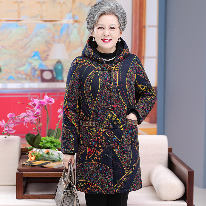 中老年女装冬装中长款棉衣老年人加绒加厚连帽棉服妈妈装保暖外套