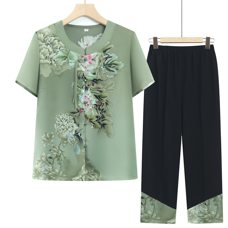 中老年女装夏季短袖套装大码妈妈装开衫上衣老人洋气老太太两件套