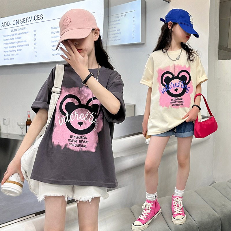 【100%纯棉】韩国童装女童2025夏装儿童宽松圆领T恤洋气上衣韩版