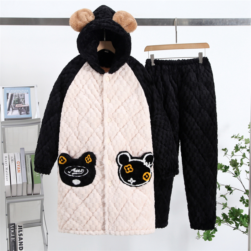 冬季女士三层夹棉加厚家居服套装珊瑚绒中长连帽保暖睡衣外穿睡袍