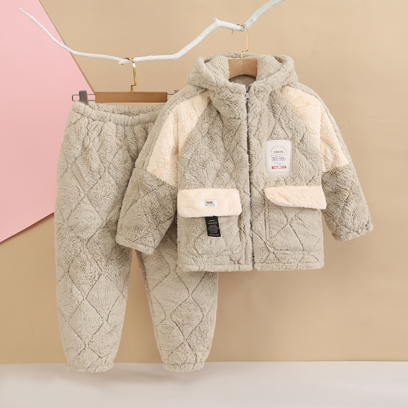 冬季儿童加绒加厚三层夹棉保暖家居服贵妃绒特厚可外穿棉睡衣套装