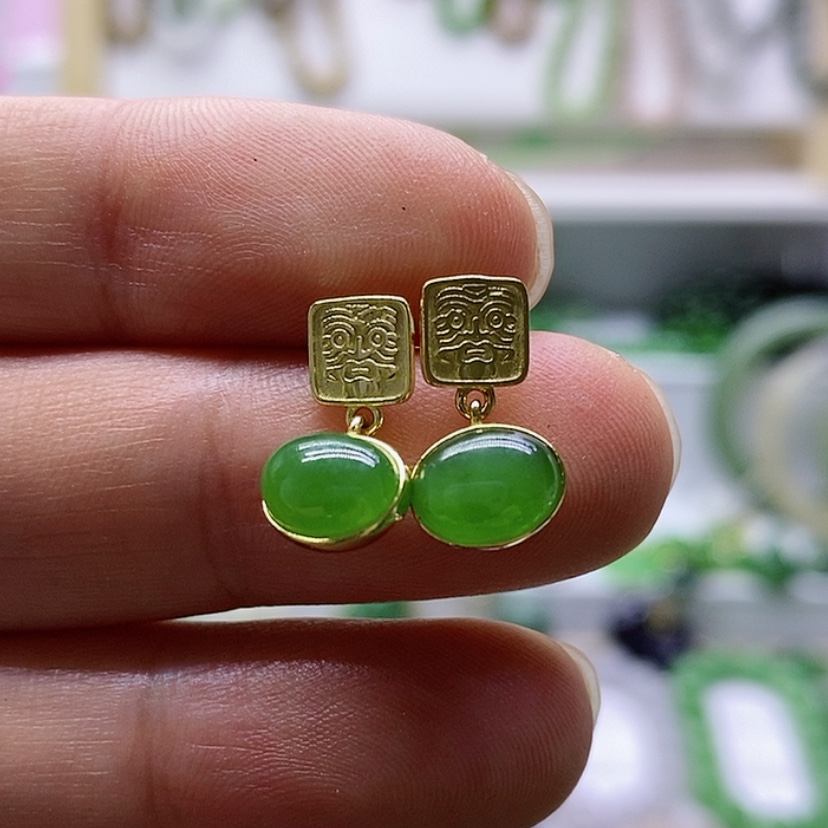 【闪购商品】和田玉（碧玉）4耳钉银S925镶嵌