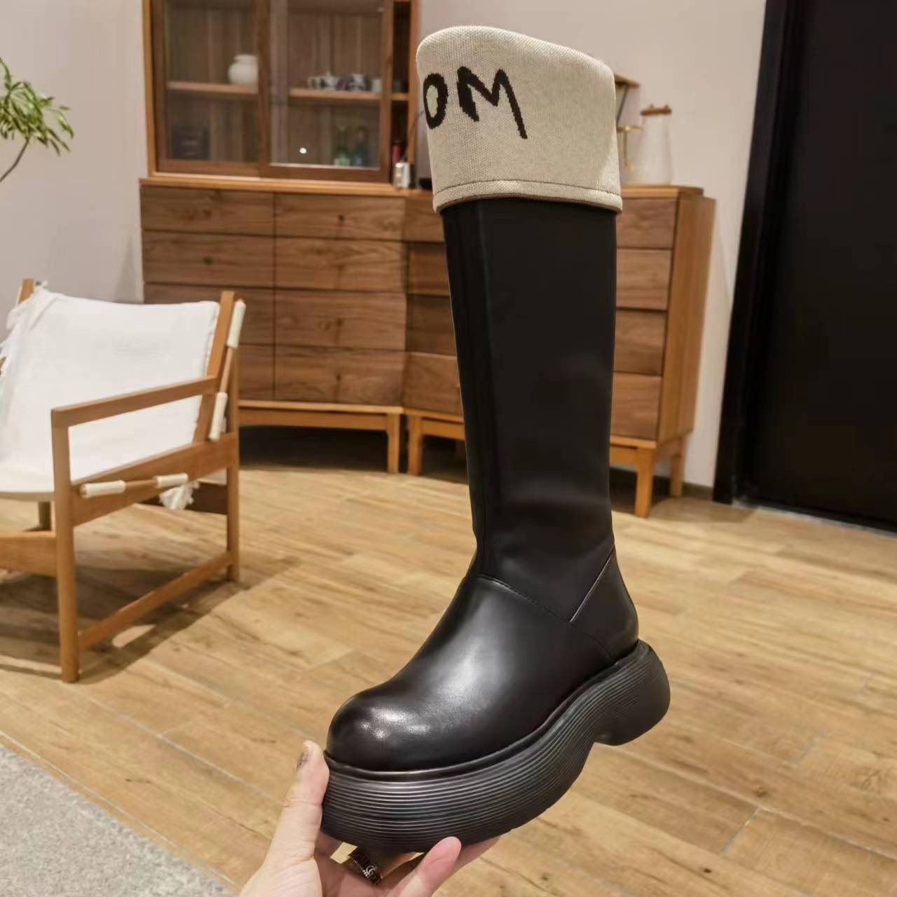 安暖家【翻边字母靴】真皮高筒靴黑色BV靴时尚长筒XCXA129