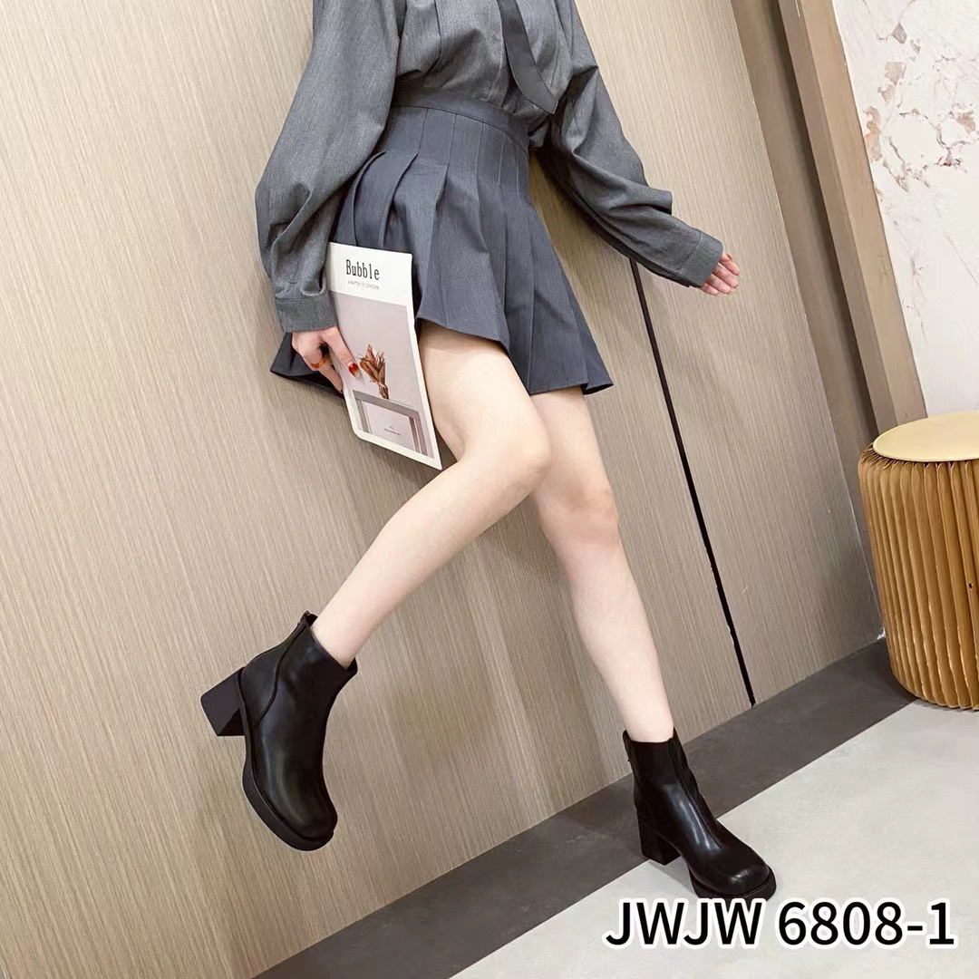 小众短靴女 新款百搭粗高跟方头后拉链及踝靴6808-1 B7