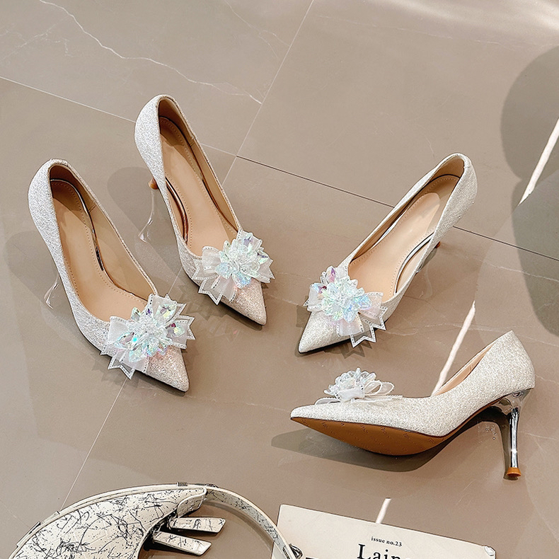 秋季百搭新款水钻花朵透明水晶鞋网红法式高跟鞋女细跟单鞋82501