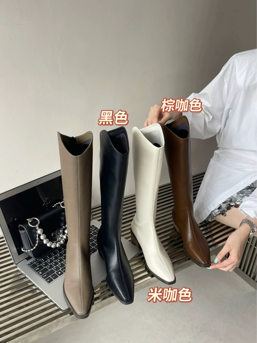 V口长筒靴女不过膝2023年新款粗跟尖头西部牛仔靴骑士靴0231 B9