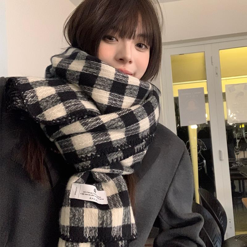 复古格子围巾女2023新款冬季加厚韩版ins高级感学生披肩保暖围脖g