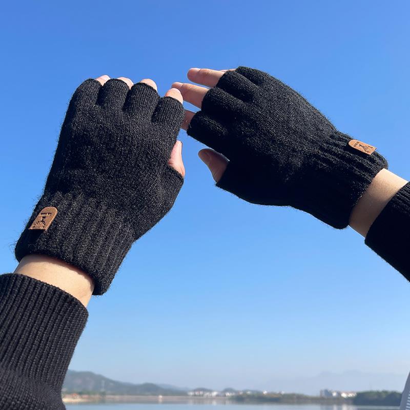 半指手套男露指冬季半截无指骑行开车加厚毛线针织漏指头防寒保暖