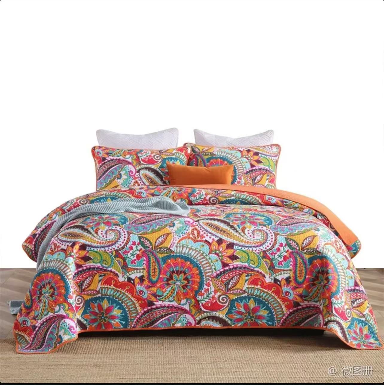出口外贸纯棉密染床盖三件套印花加厚双面多功能绗缝被夹棉可机洗