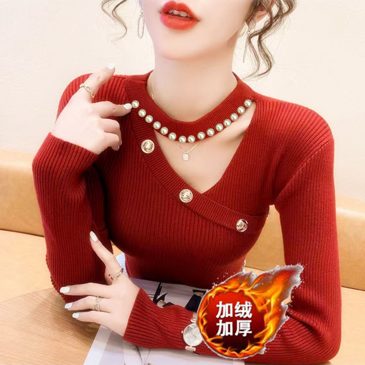 加绒加厚挂脖针织衫女秋冬2023春新款修身镂空毛衣打底衫内搭上衣