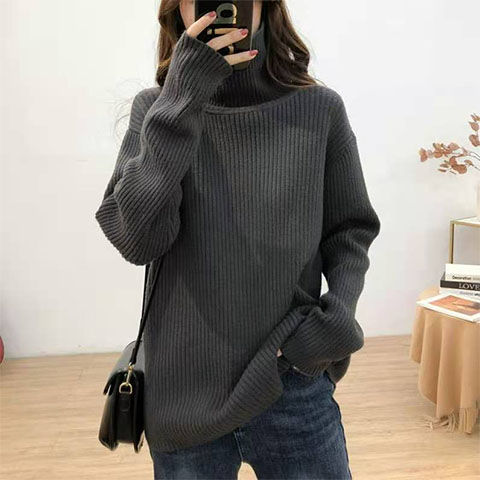 秋冬新款加厚坑条高领毛衣女大码宽松慵懒风百搭显瘦针织打底衫女