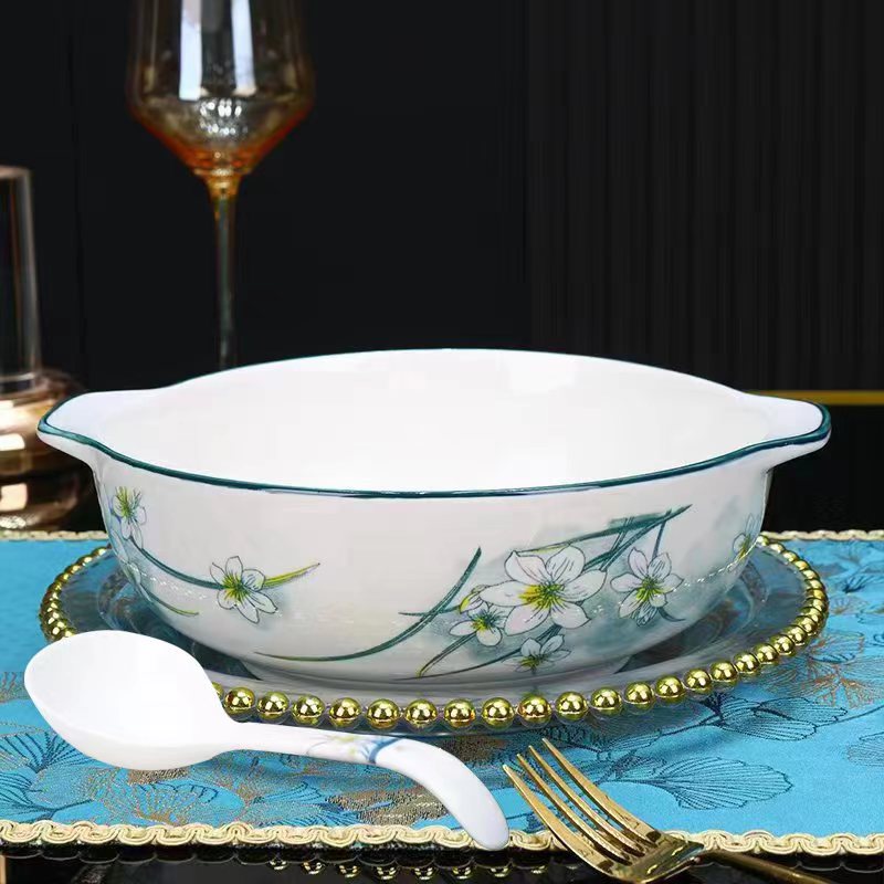 含耳10.5英寸水仙花双耳碗1个送同款汤勺1个 破损联系客服