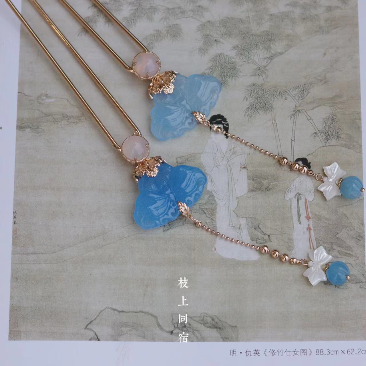 蓝蝴蝶日常百搭简约复古国风手工蝴蝶结流苏发钗一支