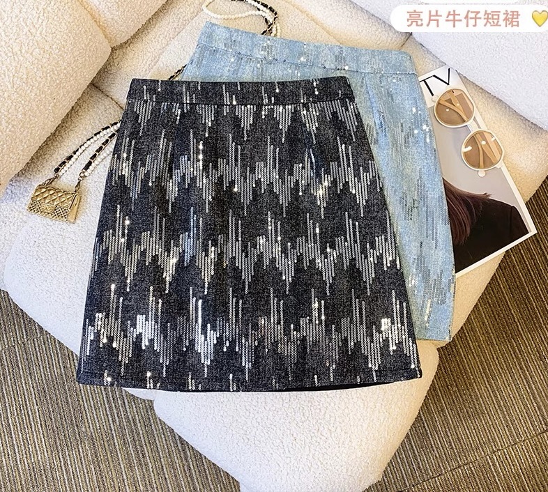 （艾尚）推荐复古高腰显瘦气质百搭重工亮片时尚春夏季短款牛仔裙