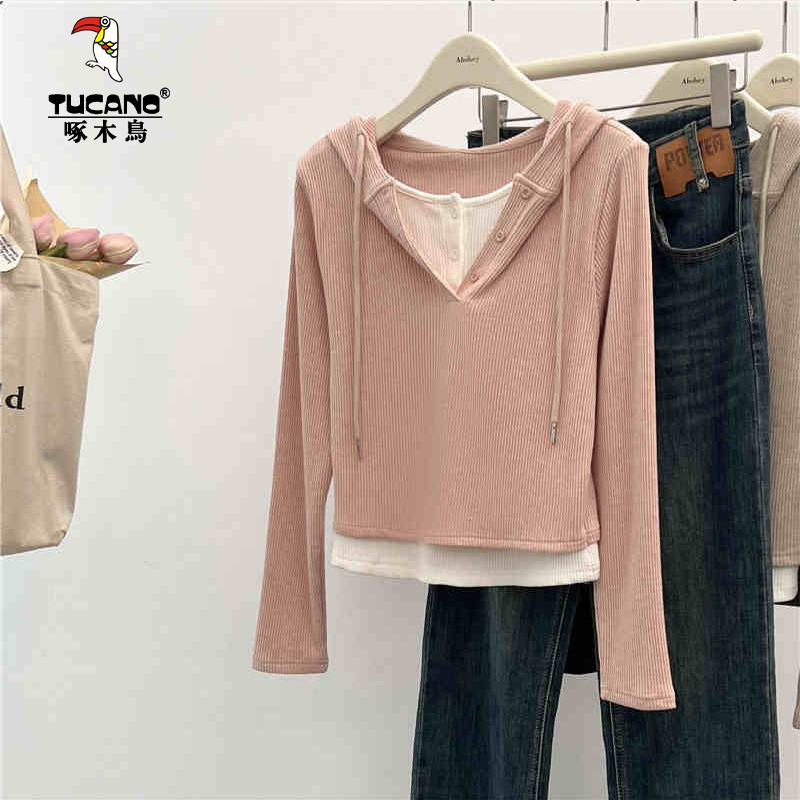 啄木鸟秋季德绒长袖打底衫女假两件连帽T恤宽松显瘦上衣外穿保暖