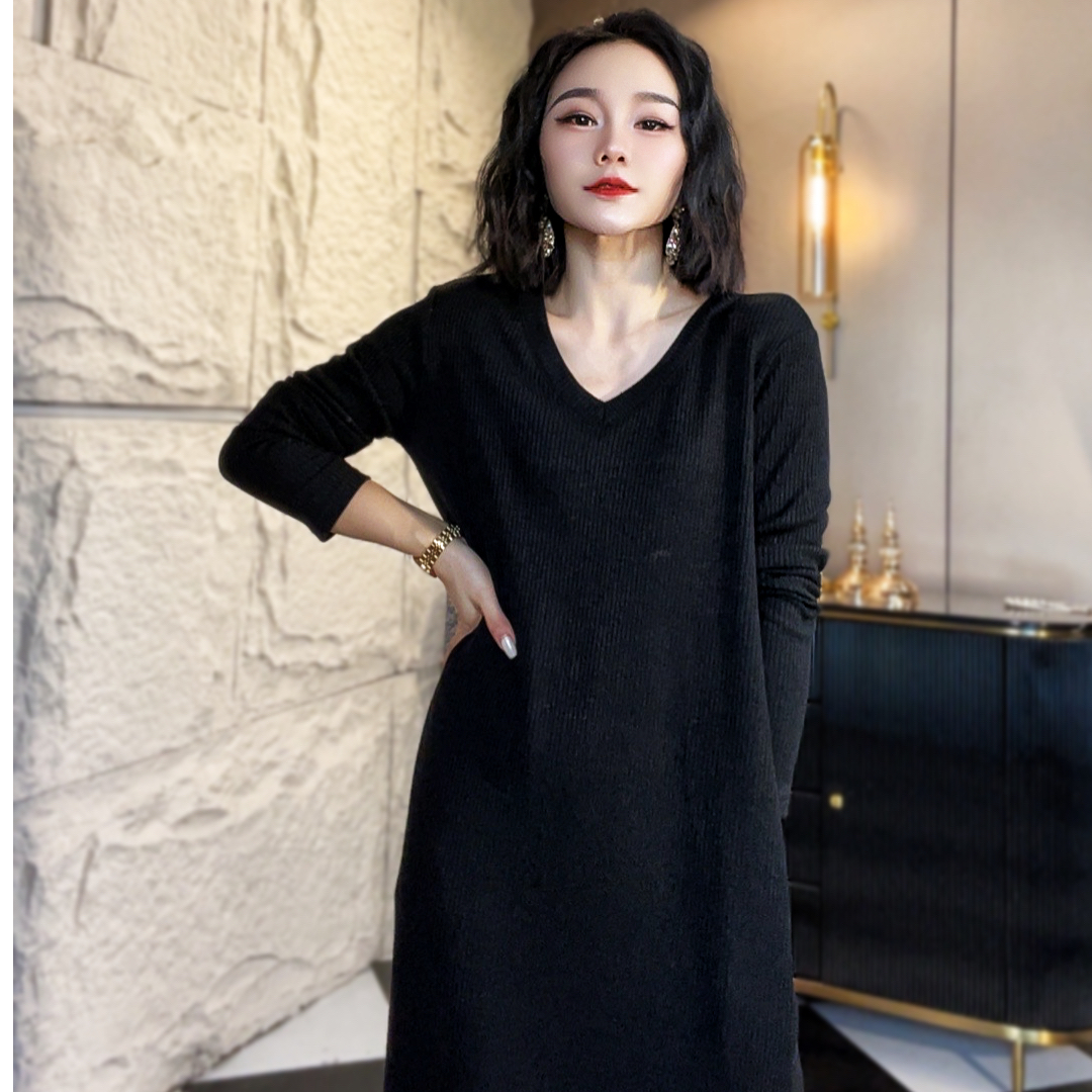 麦子原创设计连衣裙黑色中长款宽松显瘦气质长袖针织时尚打底经典