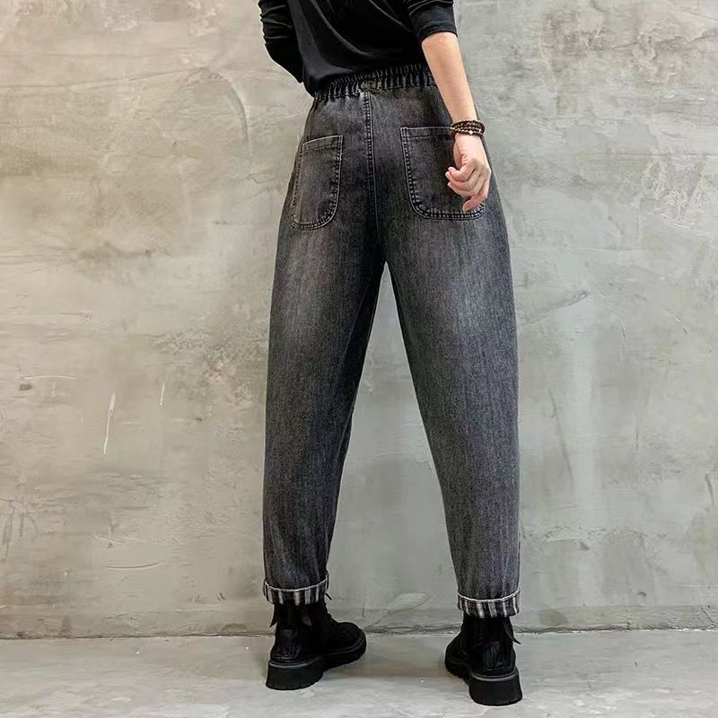 韩版大码牛仔裤女加绒松紧腰秋冬小脚哈伦裤宽松老爹裤休闲长裤子