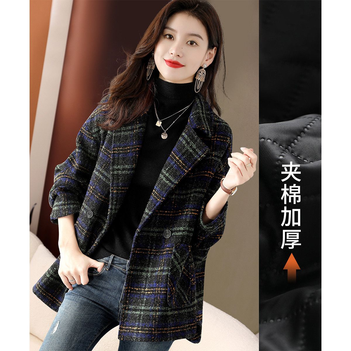 格子西装毛呢外套2023秋冬新款韩版复古中气质时尚长款格纹大衣女