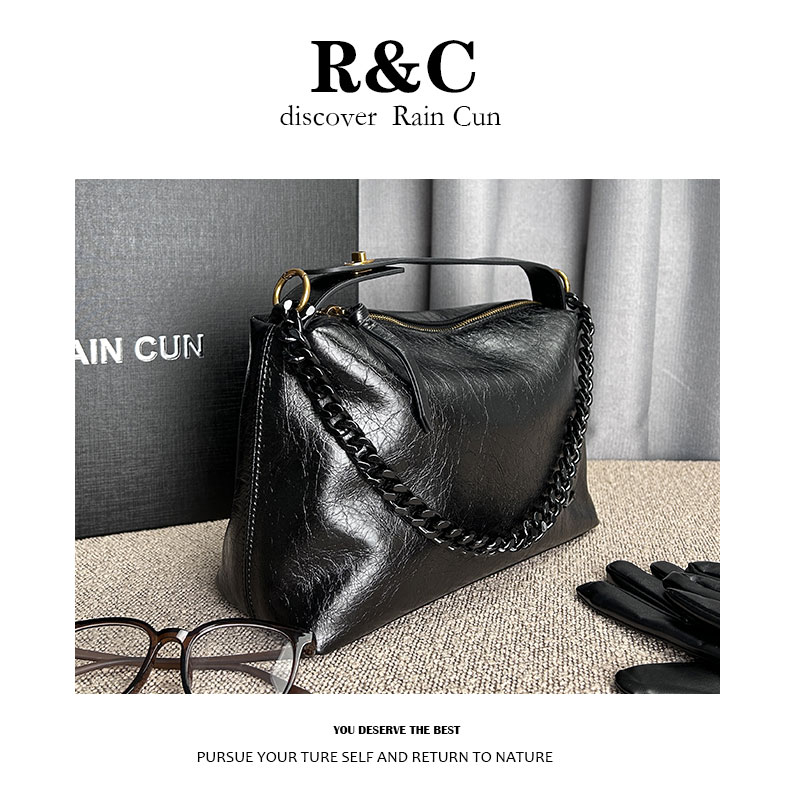 【R&C】高质感真皮女包大容量单肩简约潮流肩包黑色大包包时尚5091