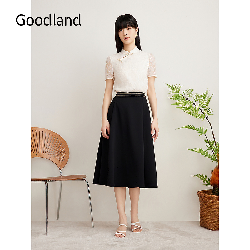Goodland美地女装夏季法式通勤中长款亮丝装饰高腰A字半身裙