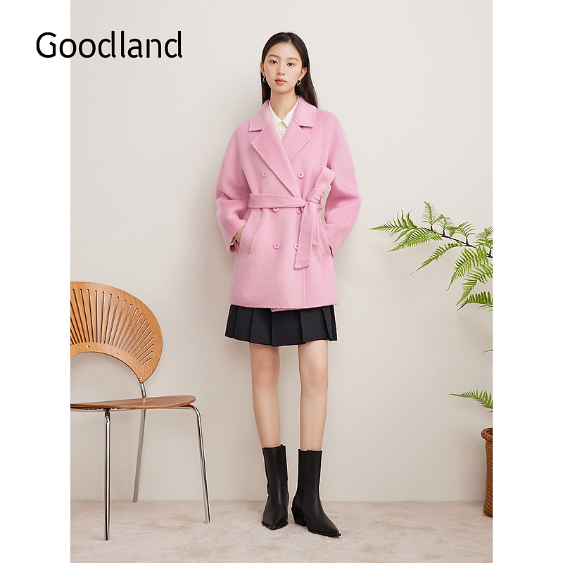 【羊驼毛】Goodland美地冬季新款羊毛樱花粉休闲双面毛呢外套