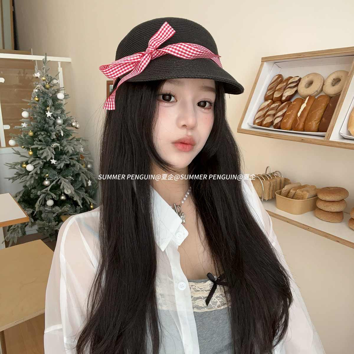 韩系蝴蝶结草编马术帽女夏季海边沙滩度假可爱遮阳草帽宽檐鸭舌帽