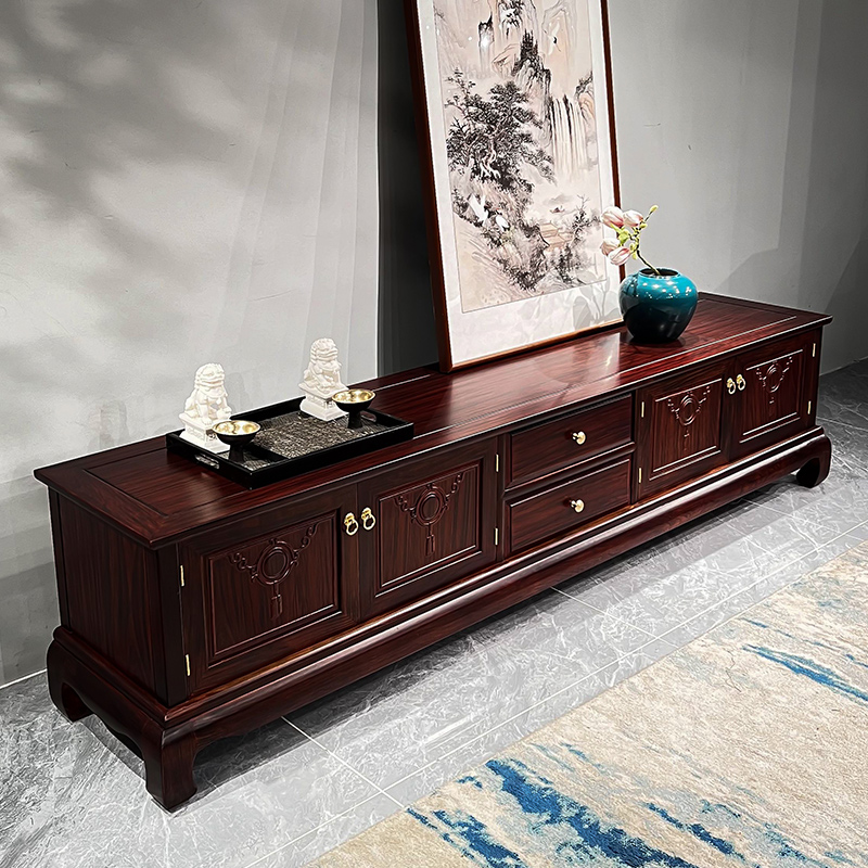 新中式实木双喜电视柜雕花榫卯结构四门两抽小户型地柜电视机柜