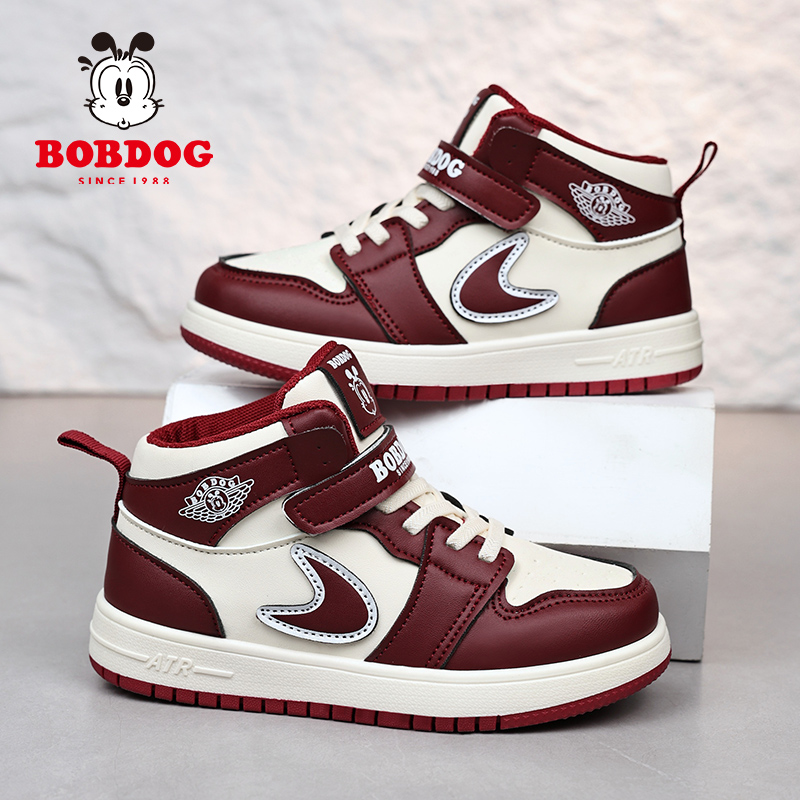 巴布豆男童鞋子秋冬新款皮面中大童高帮板鞋加绒二棉鞋儿童运动鞋