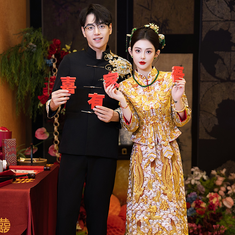 褂皇金色龙凤褂秀禾服2025新款新娘结婚春秋中式婚服小个子出阁服