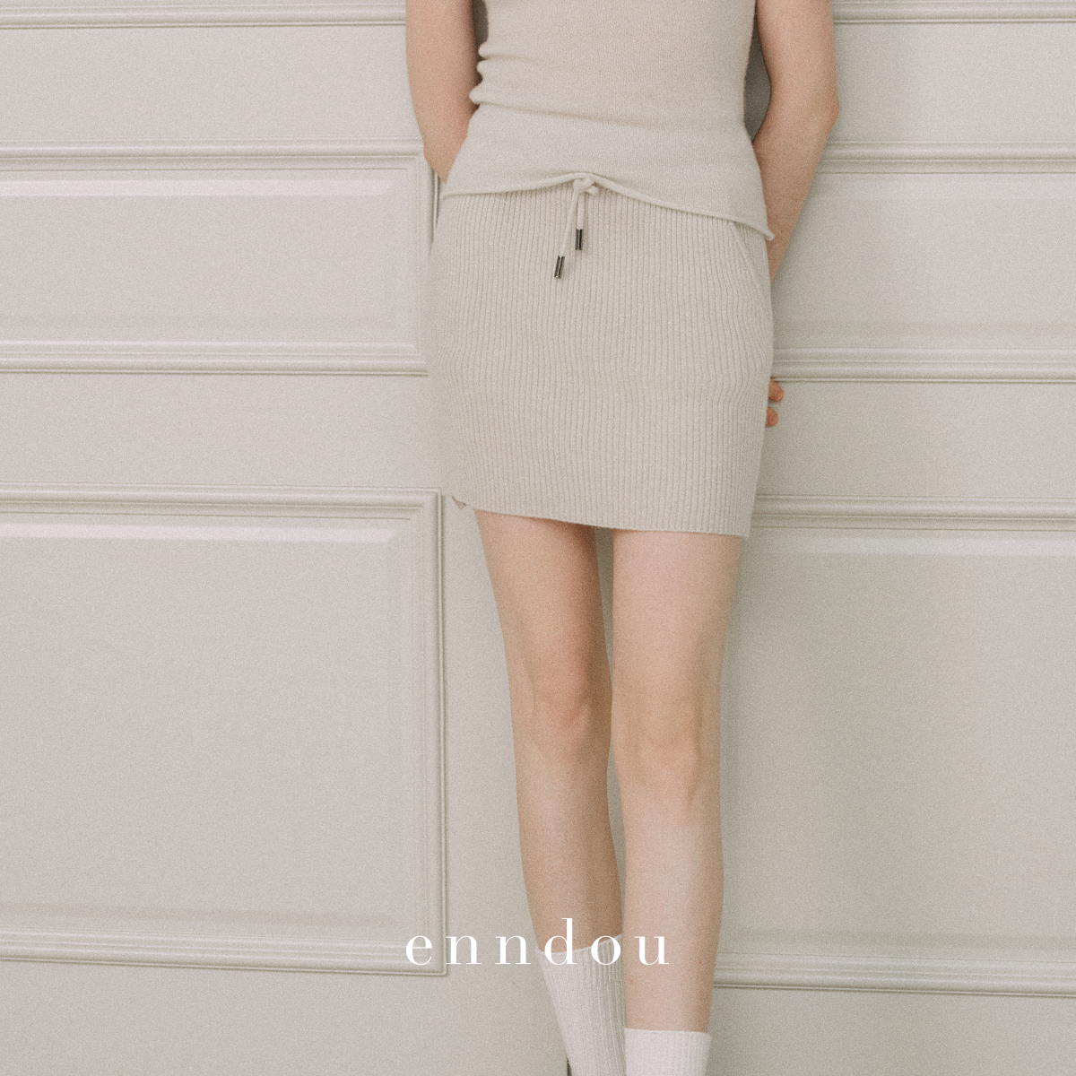 Enndou100%纯山羊绒抽绳半身裙针织包臀裙白灰气质百搭短裙